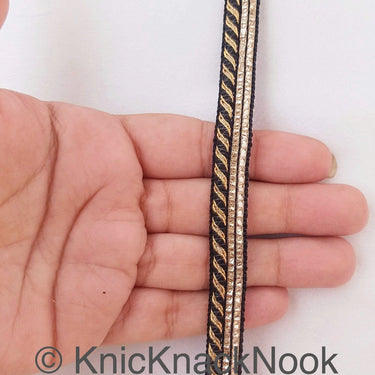 Wholesale Royal Blue / Black And Gold Stripes Piping Cord trim With Glitter Gold Piping, Approx. 10 mm wide, 9 Yards Trim